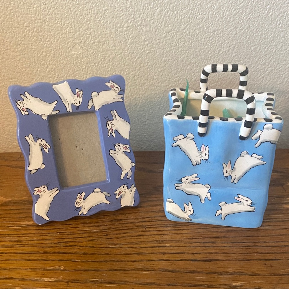 Patricia DuPont Whimsical Blue Bunny Frame and Holder Set